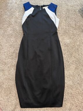 Color-Block Sleeveless Midi Sheath Dress in Black, Blue & White